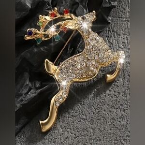 NEW!Elegant Holiday Gold Reindeer Christmas Brooch Multicolor Accents-(#327)